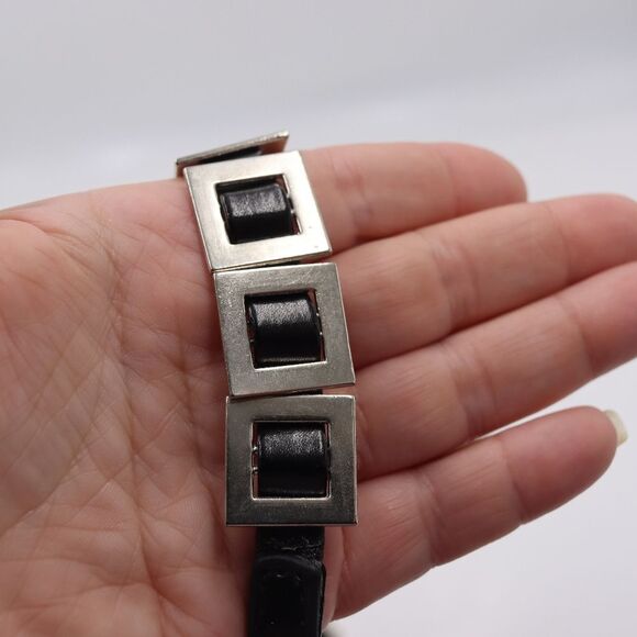 Vintage 80s Black Silver Square Segment Skinny Belt 35" Leather Look Retro - Picture 3 of 6